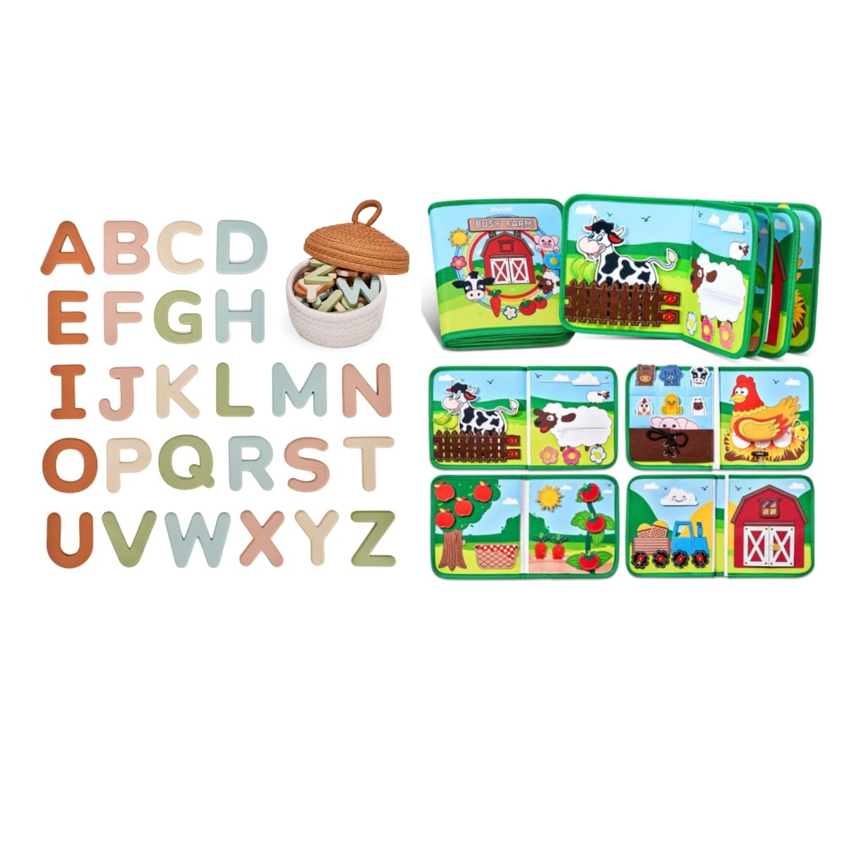 JoyCat Farm Busy Book for Toddlers 1-3 - 1 Year Old Boys Girls Gifts Toys + Silicone Alphabet Magnetic Letters, 26 Uppercase ABC Fridge Magnets for Toddlers & Kids