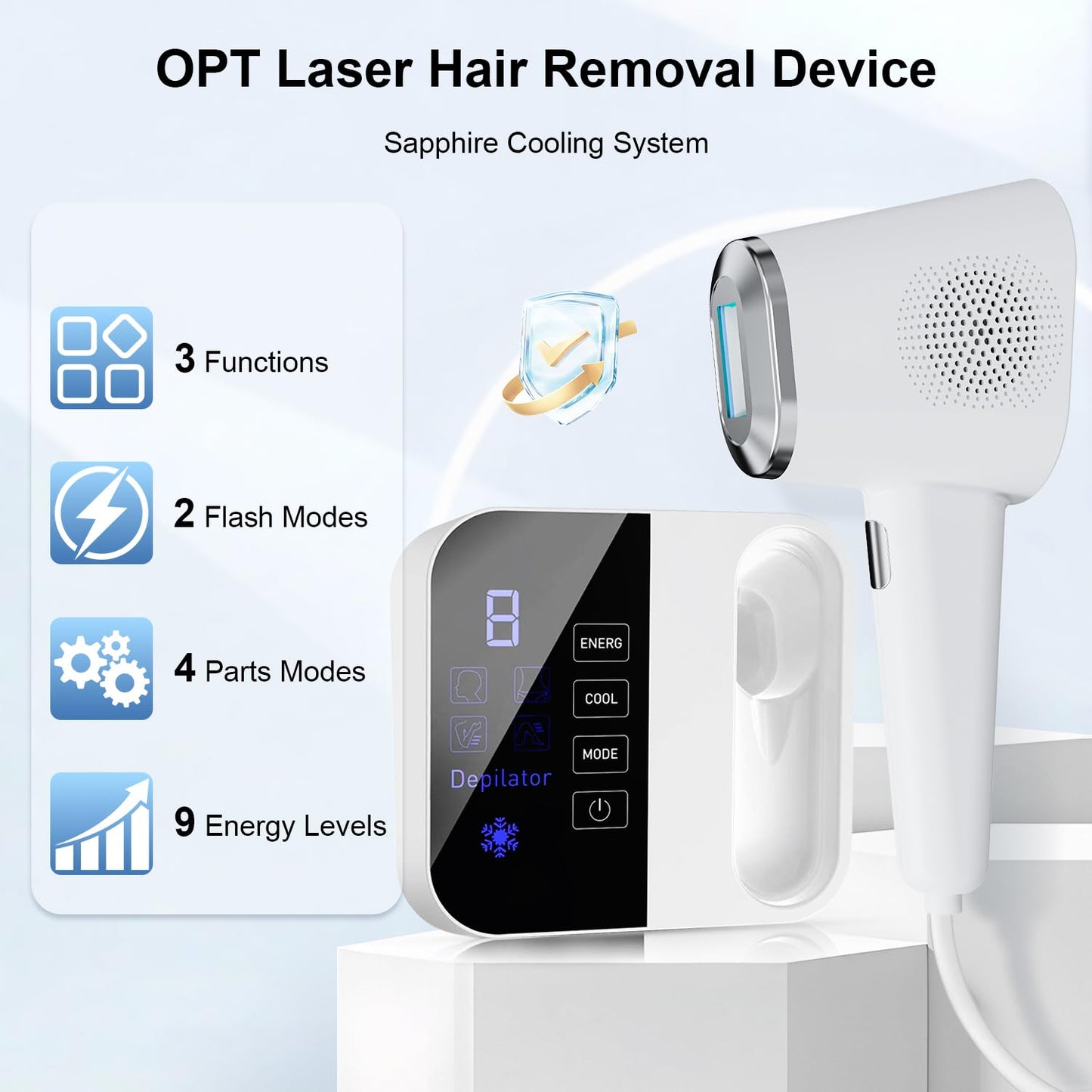 OPT Laser Hair Removal Device for Women & Men, At-Home IPL Hair Removal with Ice Cooling, 999,999 Flashes, Painless Laser Hair Removal for Face, Legs, Armpits, Bikini Line, and More – 9 Energy Levels