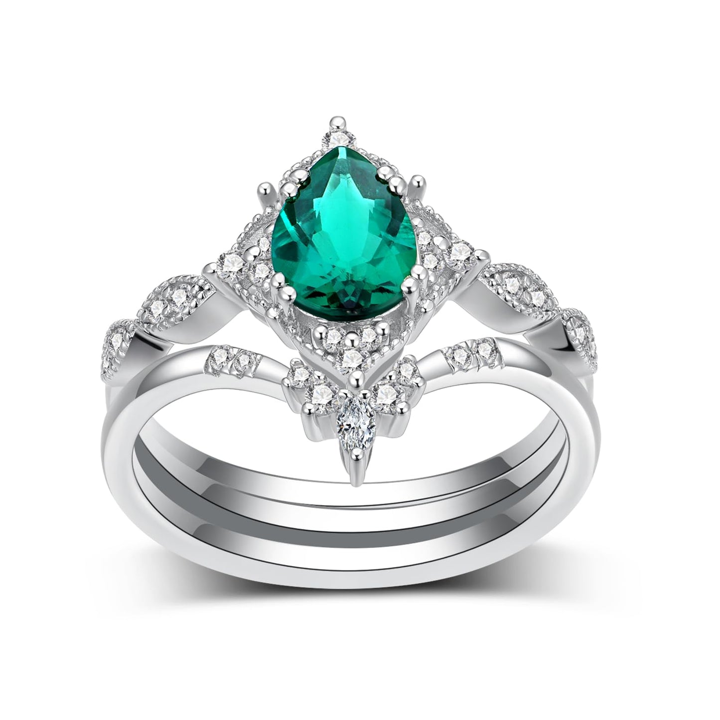 LieYovanaRing Pear Shaped Emerald Engagement Ring Set for Women, 925 Sterling Silver Pear-Cut Emerald Green Fashion Jewelry Wedding Bridal Band Rings for Women Her (5)