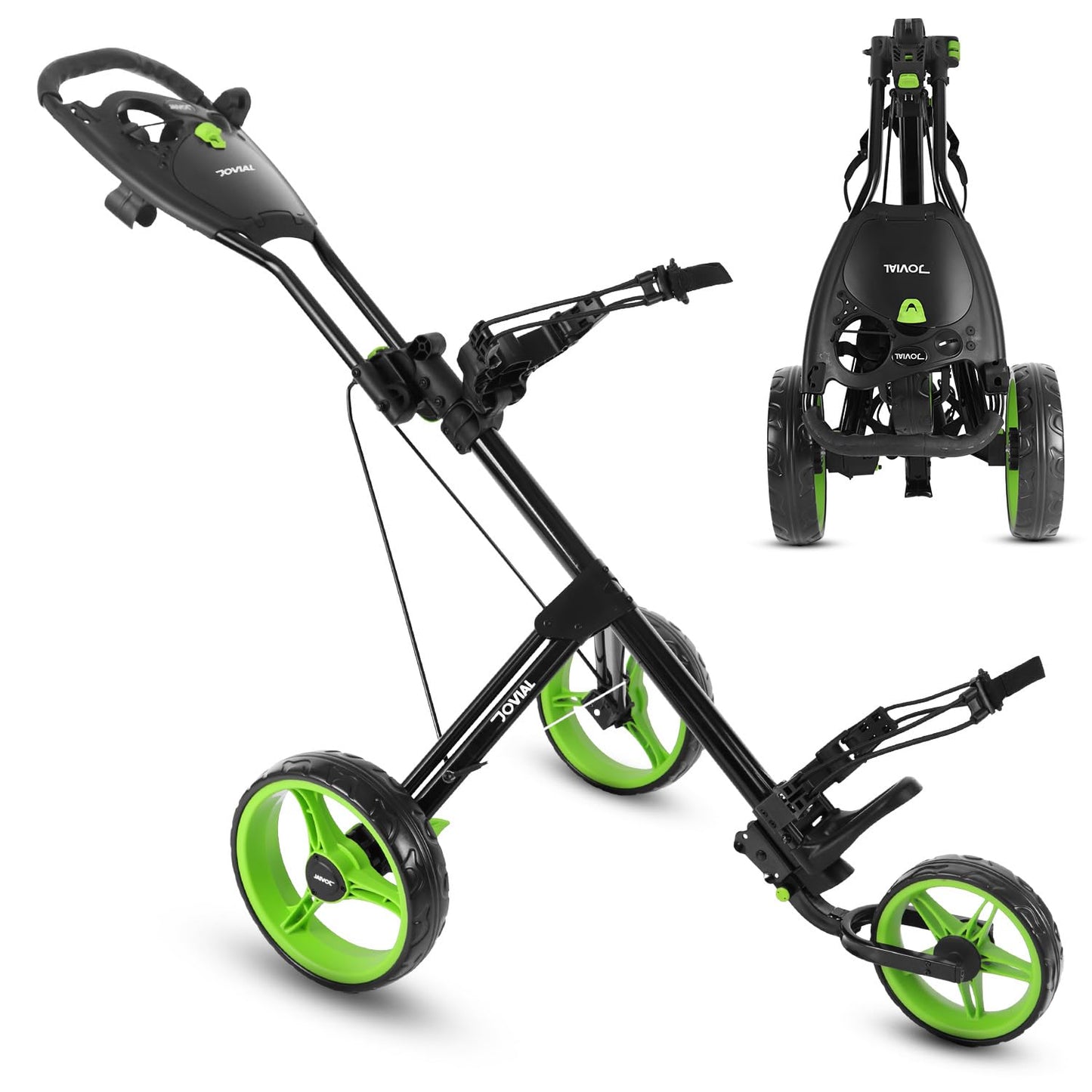 JOVIAL Junior 3-Wheel Golf Push Pull Cart – Lightweight Foldable Aluminum Frame with Deluxe Scorecard Holder, Padded Adjustable Handle, Bag Holder Straps, Quick Braking System & Compact Storage