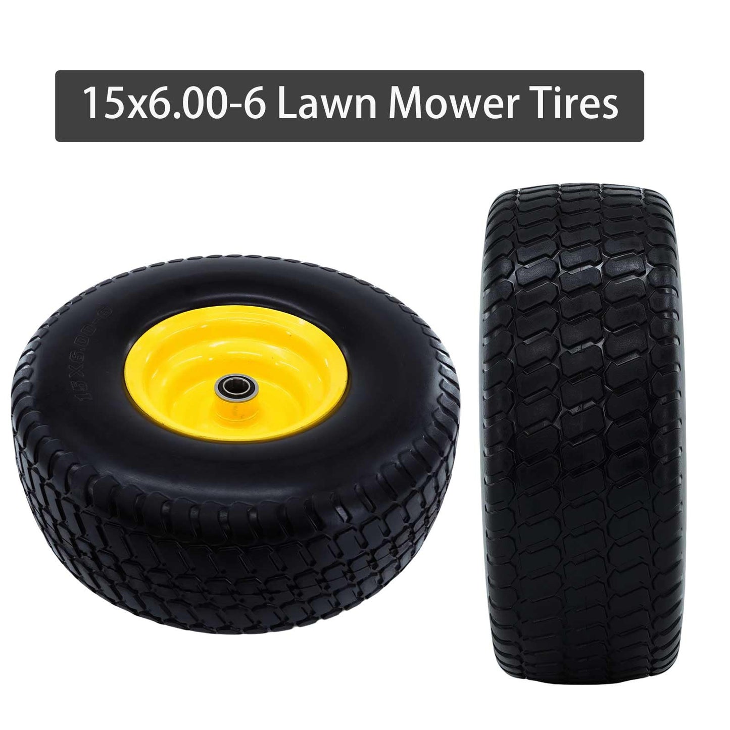 15x6.00-6 Lawn Mower Tires Flat Free,15x6x6 Tire and Wheel, 3" Centered Hub, 3/4" & 5/8" Bearings and 1" bushings, 500lbs Capacity, Compatible with Riding Mowers, Lawn Tractor Tire (2 Pack)