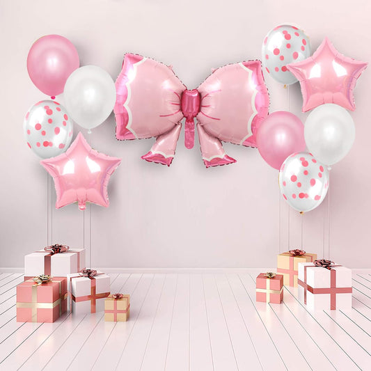 Phoaxul Cute Pink Bow Birthday Decorations for Girls, Glitter Happy Birthday Banner, Bow Balloons, Pink Party Decorations for Women, Baby Girl Shower, Princess Bday Party Supplies