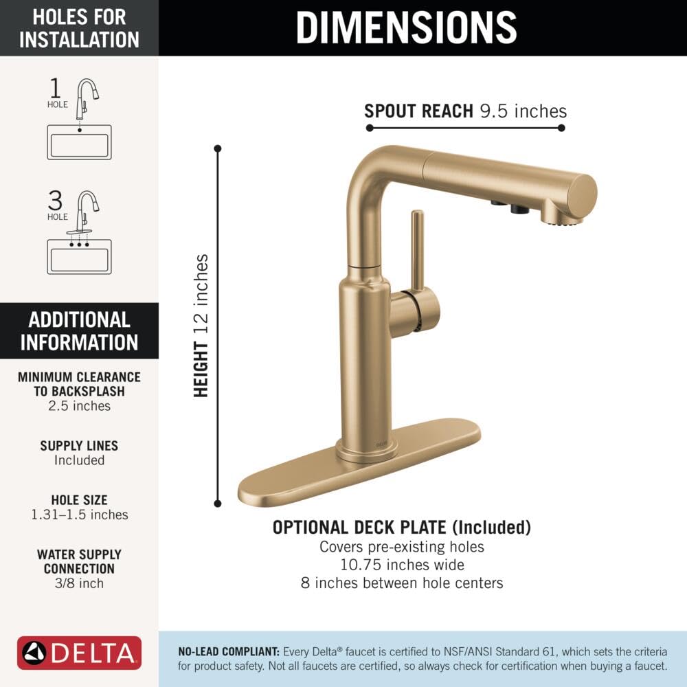 Delta Daneri Brushed Gold Kitchen Faucet with Pull-Out Sprayer, Modern Single Hole Kitchen Sink, Single Handle, Champagne Bronze 16879-CZ-DST