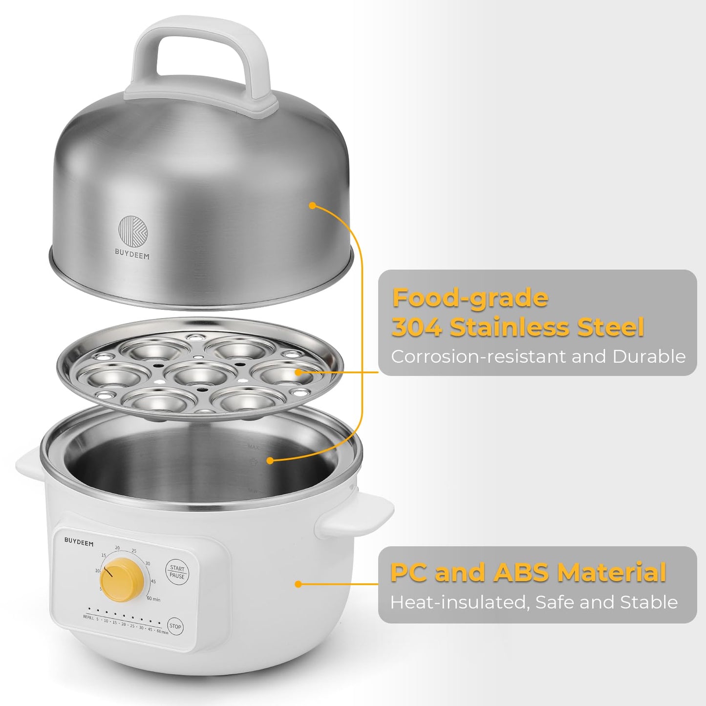 BUYDEEM G32 Electric Food Steamer 1.6QT, Stainless Steel Steamer for Vegetable Egg Seafood, 8 Time Settings, Triple Dry Protection, Quick Steam, Healthy Cooking for 1-2 Servings, Arctic White