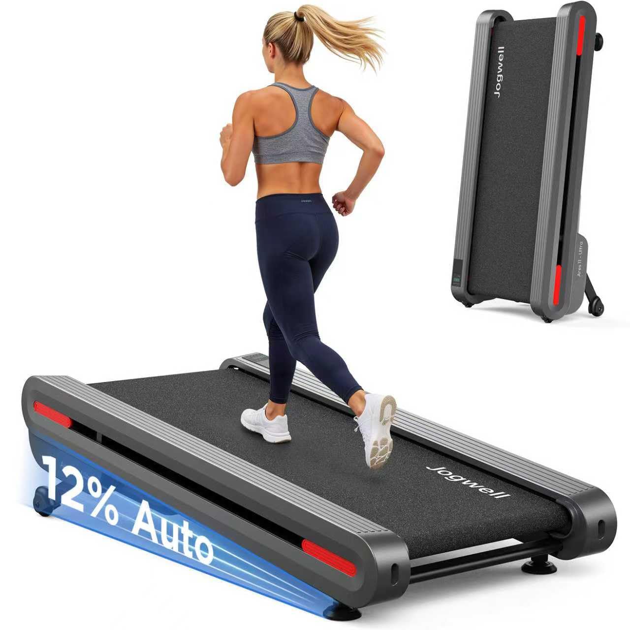 Jogwell Walking Pad Treadmill with 20%/15%/12% Auto Incline, Max 400/350lbs Capacity Treadmills for Home Office Under 35dB, Spacious Running Area, Vertical Storage, 3/3.5HP Brushless, APPJW05