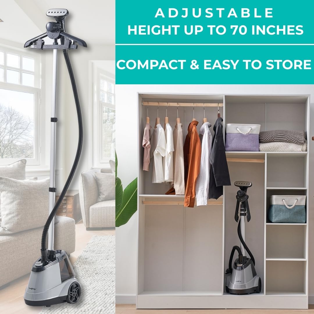 True & Tidy Heavy Duty Commercial Full Size Standing Garment Steamer for Clothes with Extra Large 3L (101 oz) Water Tank for 90+ mins of Steam Time, 1800 watts of Powerful Steam, 3 Settings, Gray