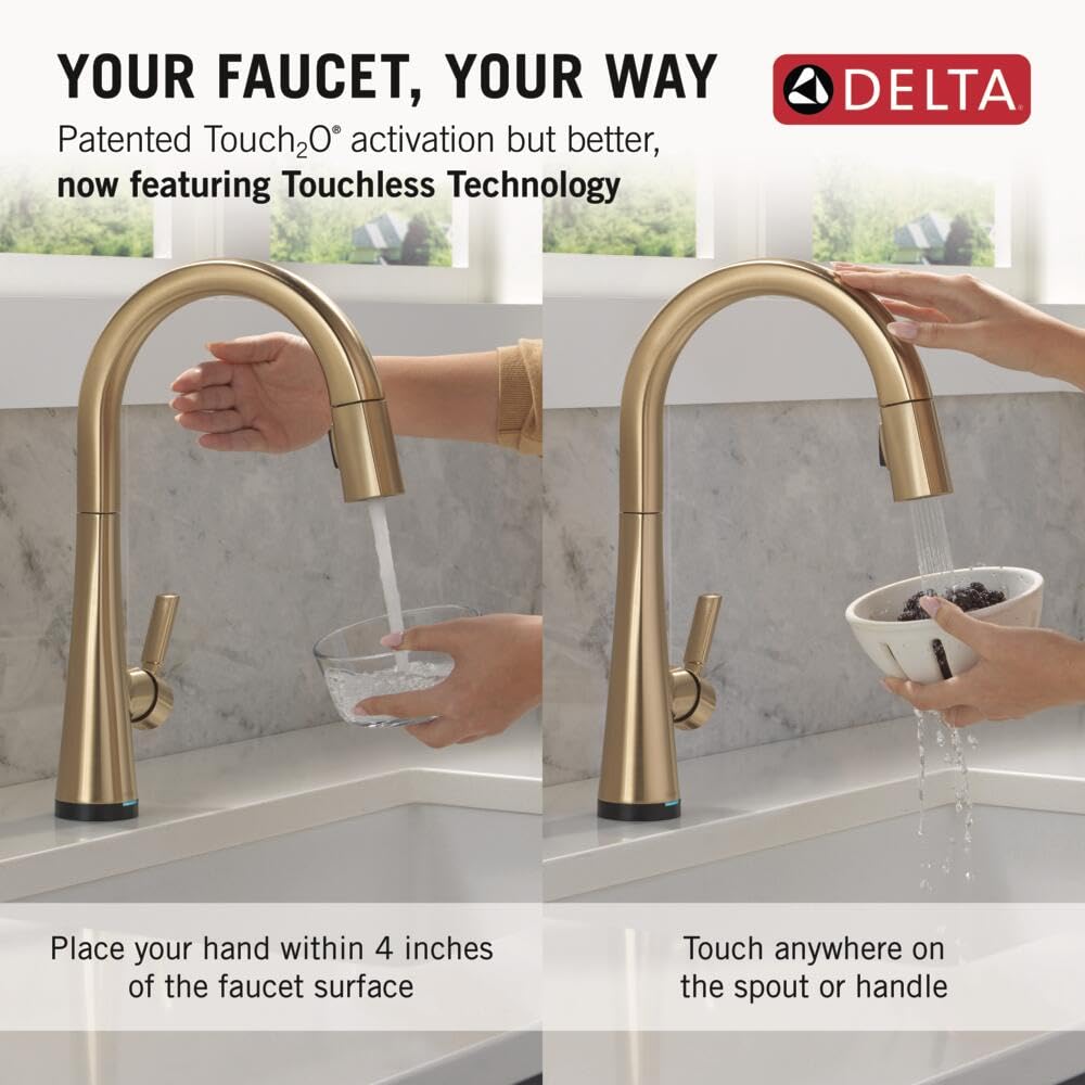 Delta Monrovia Touchless Kitchen Faucet with Touch Technology, Brushed Gold Kitchen Sink Faucet with Pull Down Sprayer, Single Hole, Lumicoat Champagne Bronze 9191TL-CZ-PR-DST