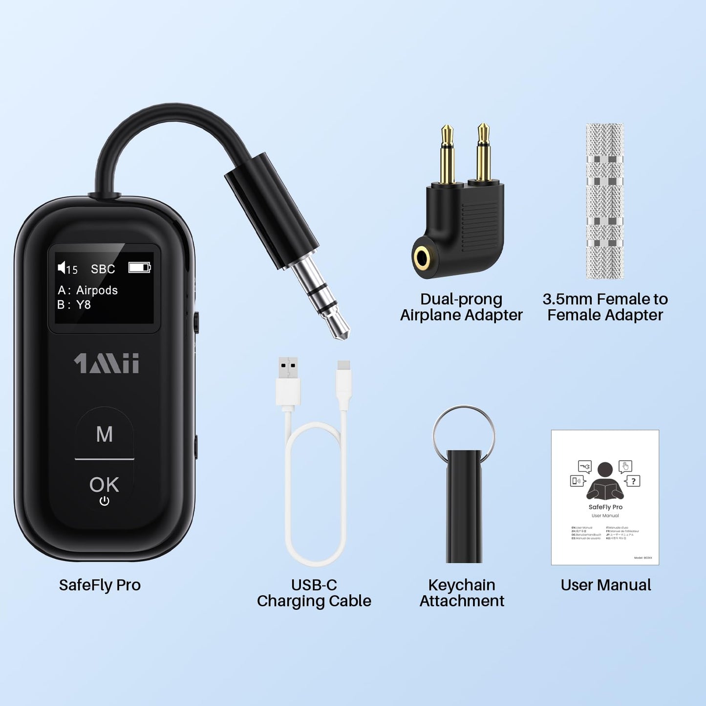 1Mii SafeFly Pro Bluetooth 5.3 Transmitter Receiver, Wireless Audio Adapter w/Screen for 2 Bluetooth Headphones, AptX LL/HD/AD, Use with Any 3.5MM Jack on Airplane, TV & iPad/Tablet