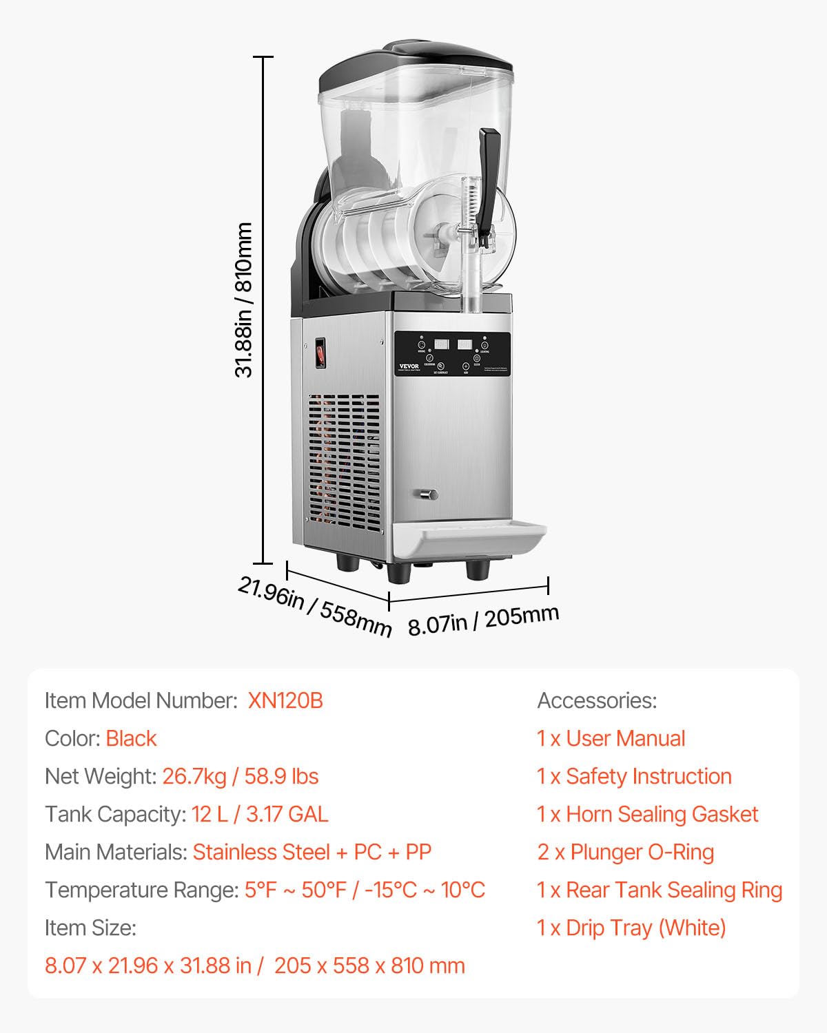 VEVOR Commercial Slushy Machine, 12L Single Tank Frozen Drink Machine, 48 Cups Stainless Steel Margarita Smoothie Frozen Drink Maker, Slushie Maker for Home Party Restaurants Cafe Bars