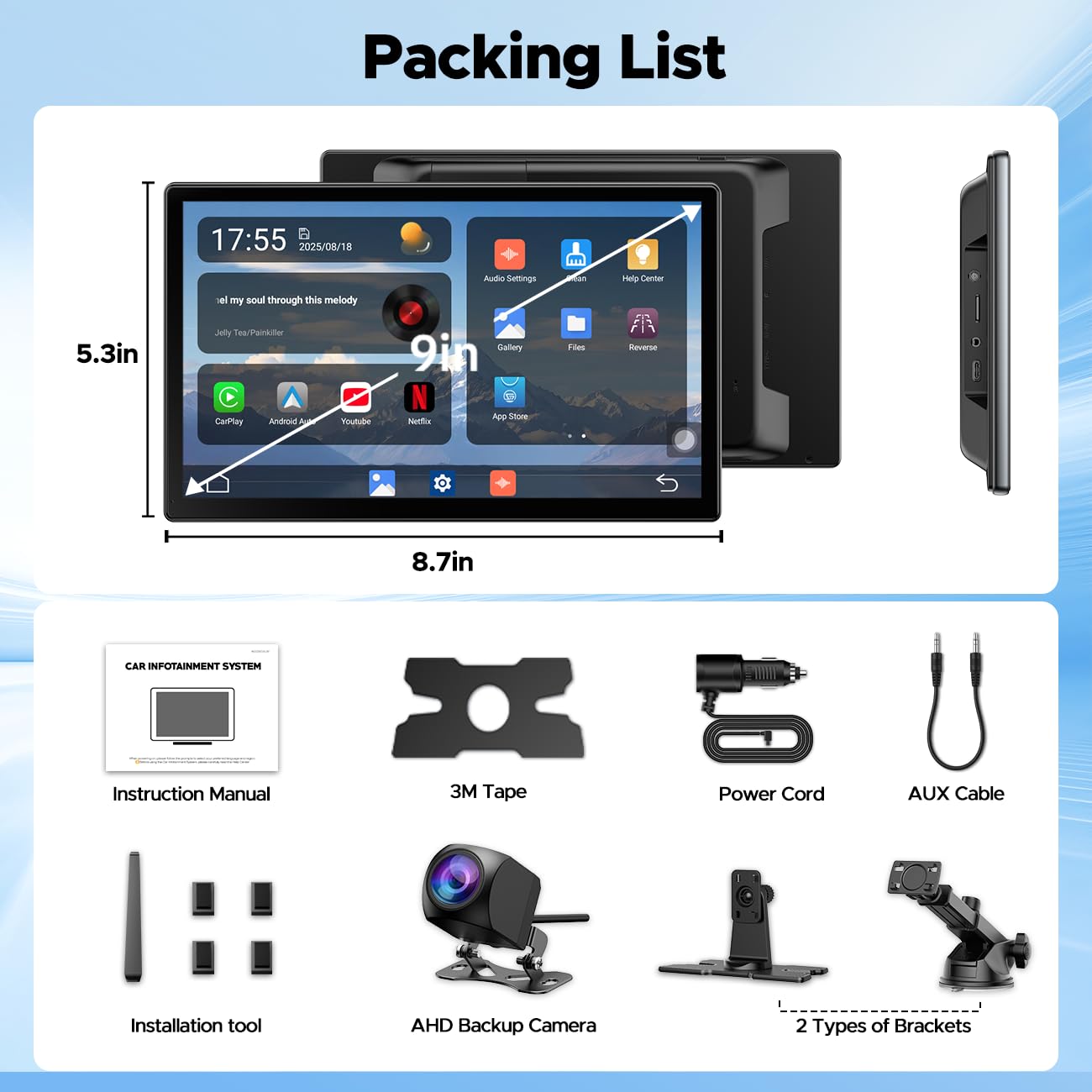 LAMTTO 9" Wireless CarPlay Screen with Net-Flix YouTube Apps Portable Car Play Screen for Apple Carplay and Android Auto with Backup Camera Navigation Bluetooth Voice Control AUX Siri
