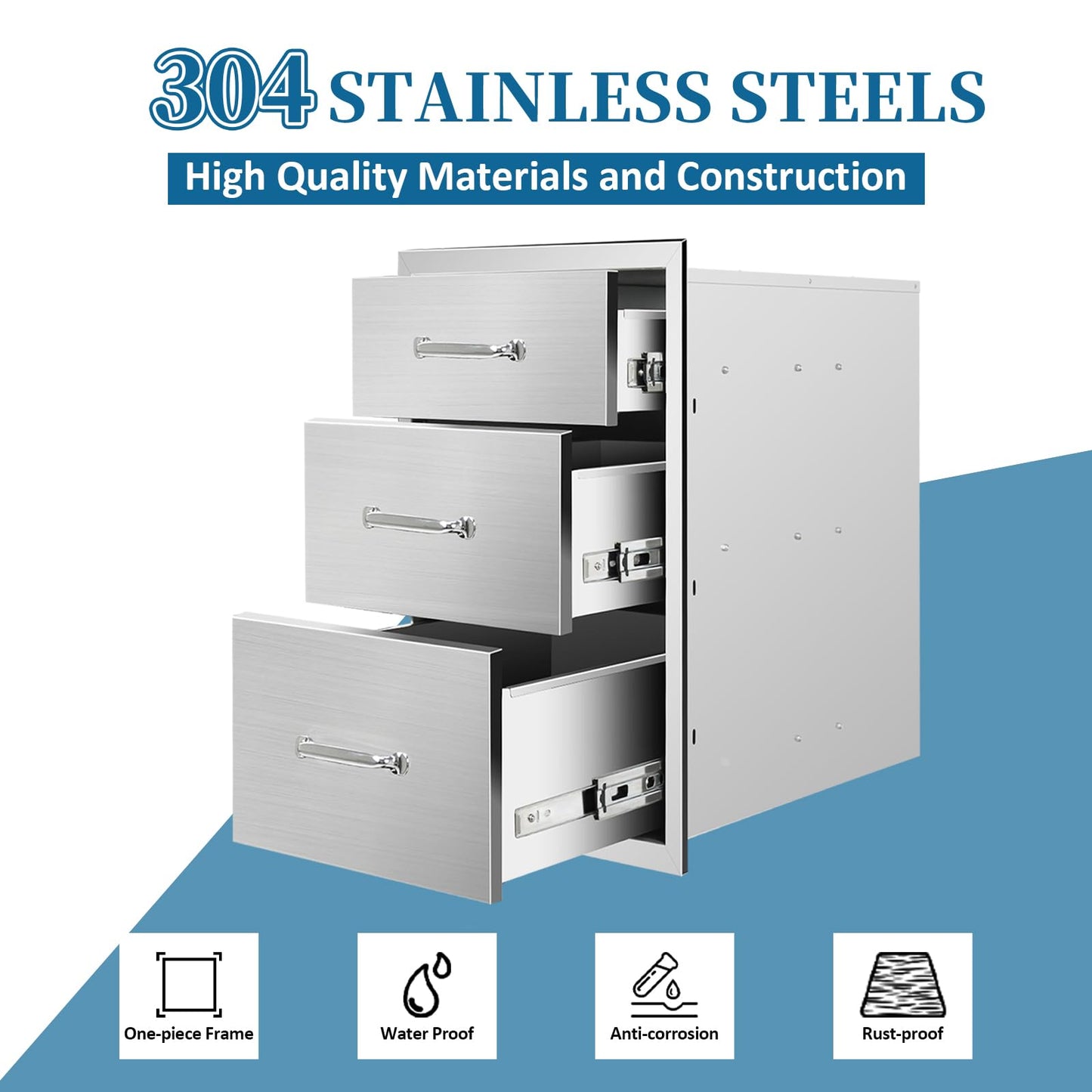 Outdoor Kitchen Drawers 14"Wx21"Hx23"D Flush Mount Access 3-Drawer BBQ Stainless Steel Drawers with Handle for Outdoor Kitchen Island or Grill Station