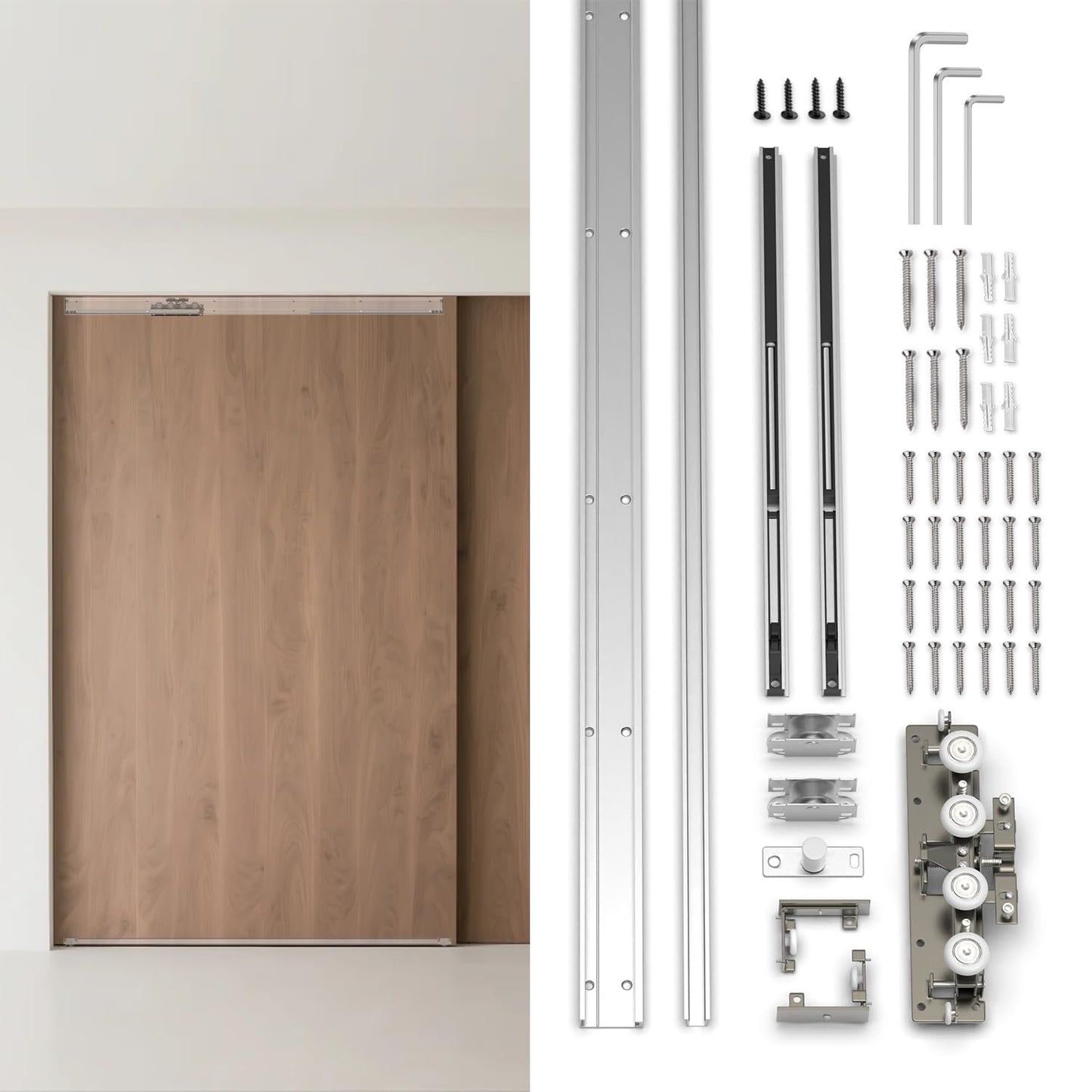 30-59 Inch New Heavy Duty Hidden Sliding Barn Door Hardware and Track, Floating Wall Mounted Invisible Sliding Door Track, Soft Close, Quiet, Easy Install (Can Installed on Doors up to 59 Inch)