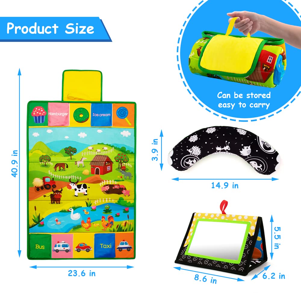 Inbeby Tummy Time Mirror & Play Mat & Pillow 3-in-1, High Contrast Black and White Baby Toys, Activity Mat for Early Education, Newborn Infant Tummy Time Toy Set for 0 3 6 12 Month Crinkle/Squeake