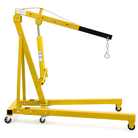 2 Ton Engine Hoist, Hydraulic Cherry Picker Engine Crane, Heavy Duty Folding Shop Crane with 6 Casters, Engine Lift for Garage, Workshop, Yellow