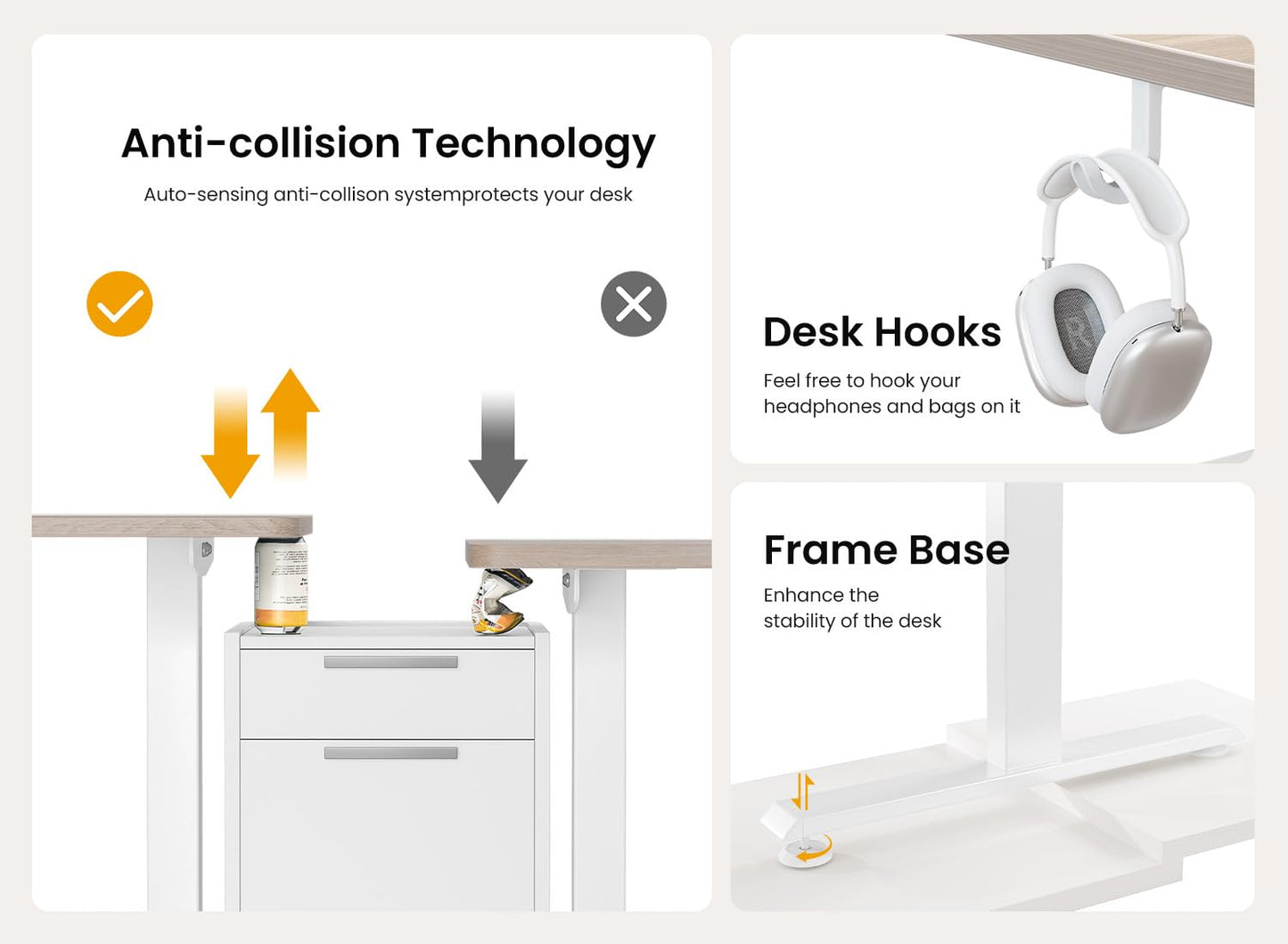 BANTI 55 × 28 Inches Standing Desk, Ergonomic, Electric Height Adjustable, Sit and Stand Up, Computer Desk with a Deeper Desktop, White Frame/Maple Top