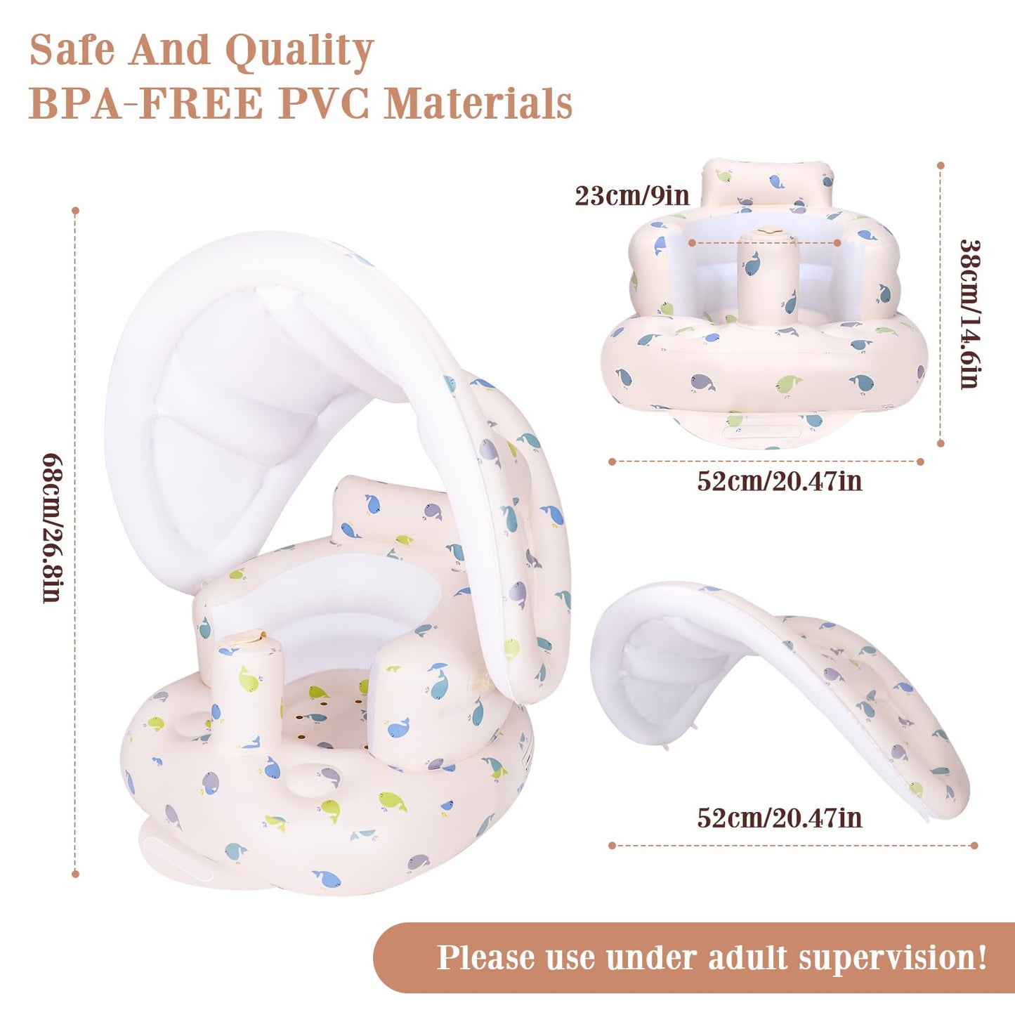 AirSwim Inflatable Baby Seat with Detachable Canopy and Built-in Pump, Inflatable Baby Chair for Babies 3 Months and Up, Sit Me Up Chair for Outdoor Indoor, Bumbo Seat for Infants, Whale