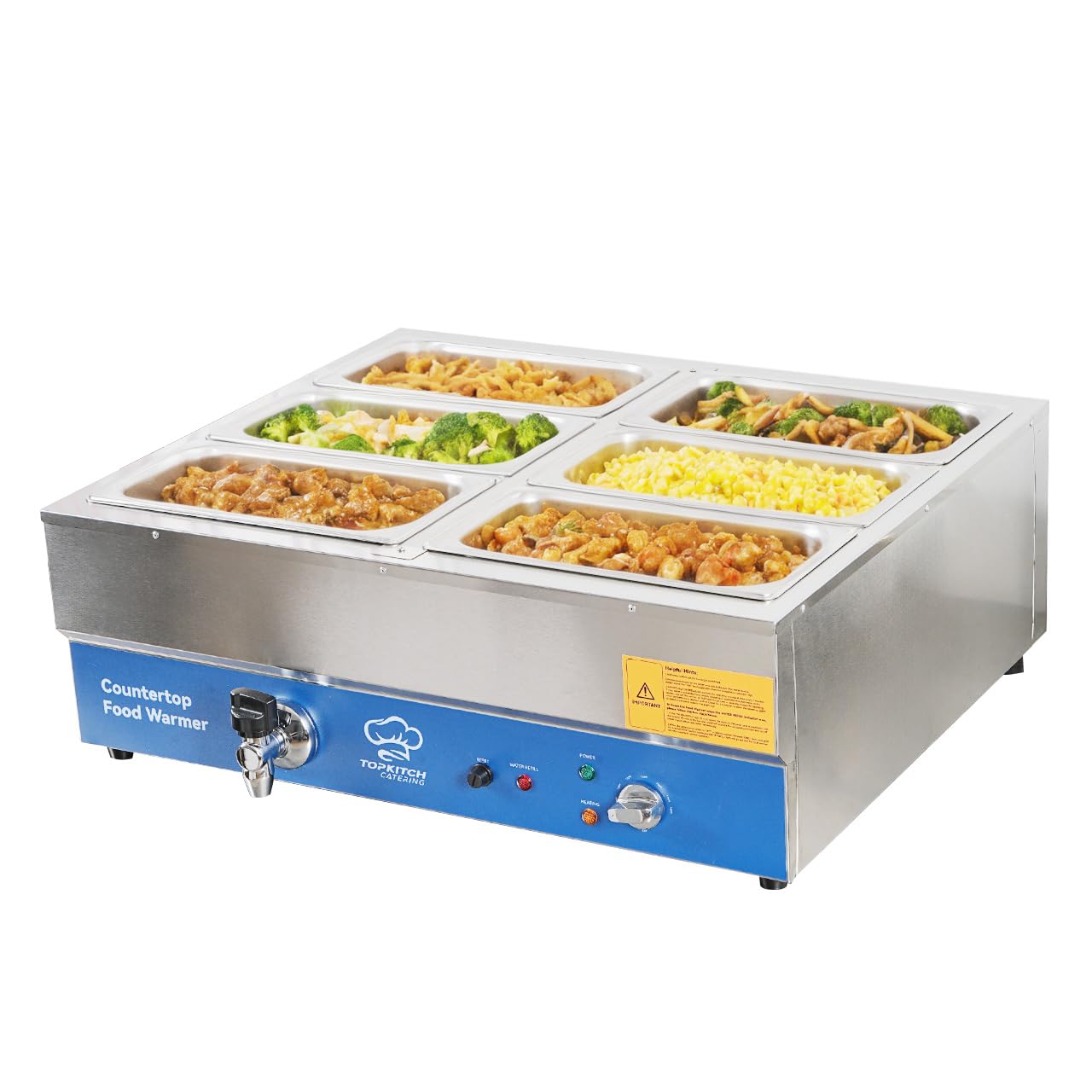 TOPKITCH 6 Pan Commercial Food Warmer, Electric Bain Marie Countertop Stainless Steel Buffet Steam Table for Catering and Restaurants(6×1/3 GN Pan,120V/1700W)