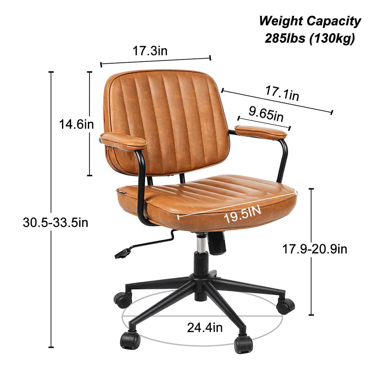 Artswish Mid Century Office Chair - Leather Desk Chair with Wheels, Arms, Swivel & Height Adjustable Ergonomic Computer Chair for Home Office, Brown