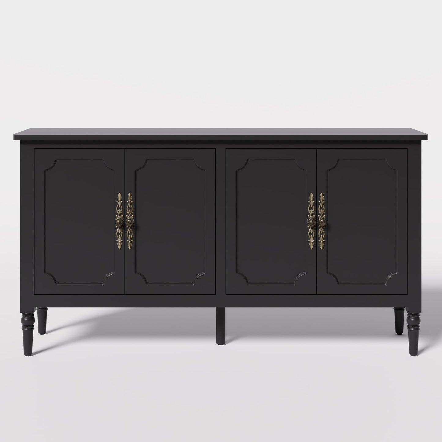 FansaFurn Console Table, 58'' Mid Century Modern Pantry Cabinet, Wood Buffet Sideboard, Media Credenza with 4 Doors, Accent Storage for Entryway, Living Room, Bedroom, Dining Room (Black)