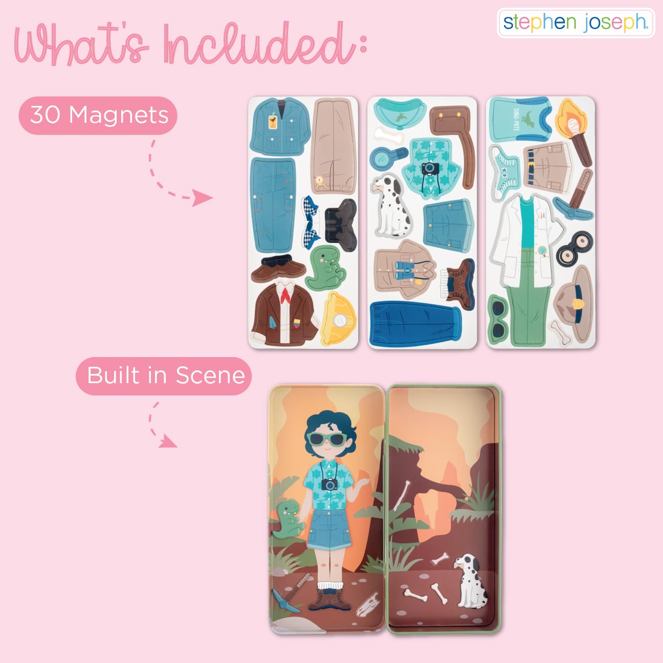 Stephen Joseph, Tall Travel Tin Magnetic Dress Up Playset for Kids - Portable Dress Up Toy with Carrying Case with 3 Magnet Sheets, Educational Pretend Play Activity