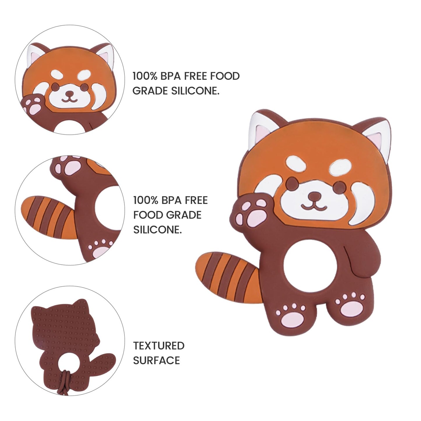 Cute Animal Baby Food Grade Silicone Teether Toy with One Piece Design Pacifier Clip Holder,Teething Pain Relief Toys Gift Set for 3 Months+ Boys and Girls,Freezer Safe,BPA Free (Red Panda)