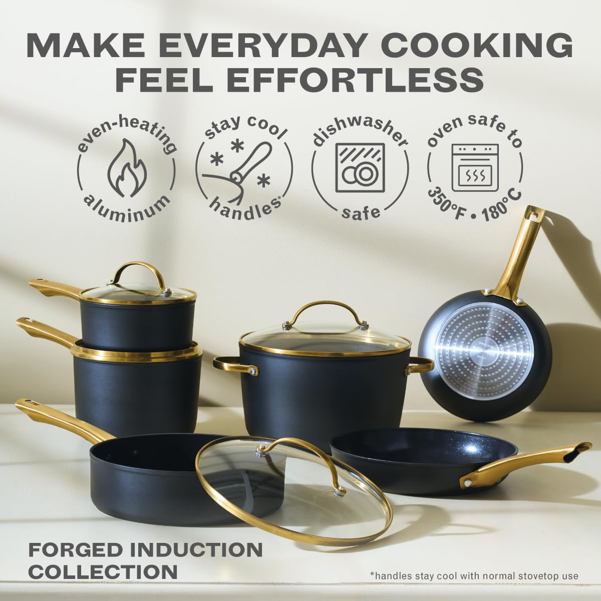 Farberware Forged Induction Ceramic Nonstick Pots and Pans Set with Lids and Kitchen Cooking Tools - Dishwasher Safe, Suitable for All Stovetops, 12 Piece Cookware Set - Black and Gold