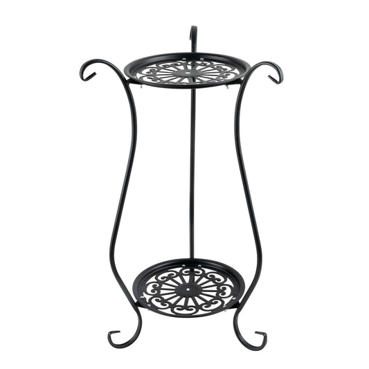 WECHARM HOME 2-Tier Heavy Duty Metal Plant Stand | Round Indoor Outdoor Potted Plant Holder, Black Corner Display Shelf