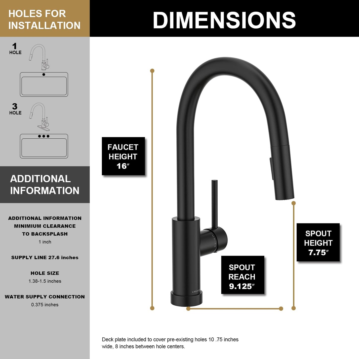 Lava Odoro Matte Black Kitchen Faucet with Pull Down Sprayer, Modern Kitchen Sink Faucet Single Hole Black Faucet for Kitchen Sink with 2-Function Spray Head, Deck Plate Included, KF1120-MB