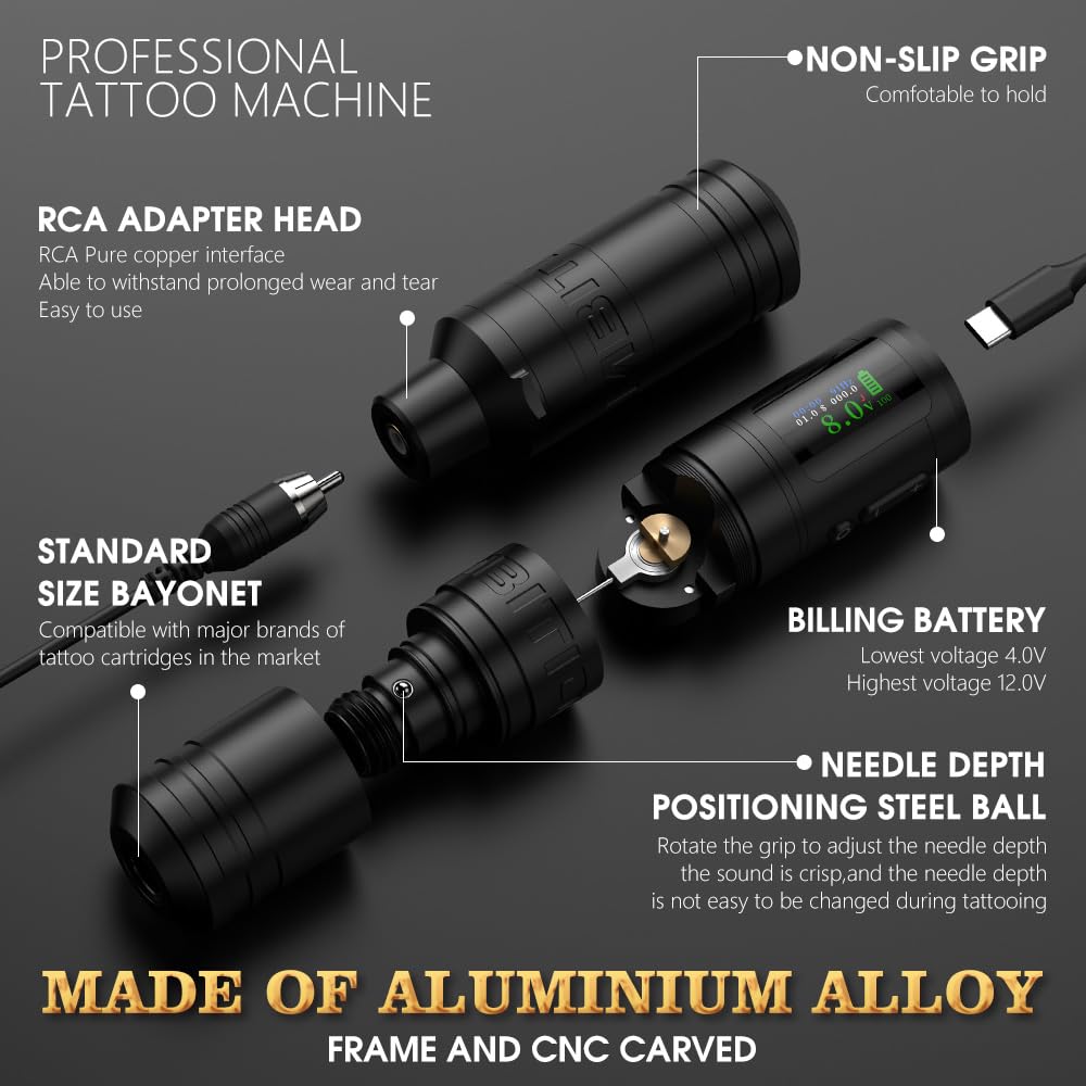 Ambition Ninja Ultra Wireless Tattoo Machine with Intelligent Billing Feature- Rotary Cartridge Pen with 1900mAh Wireless Tattoo Gun Coreless Motor Straight Drive Bar Equipment for Tattoo Artists