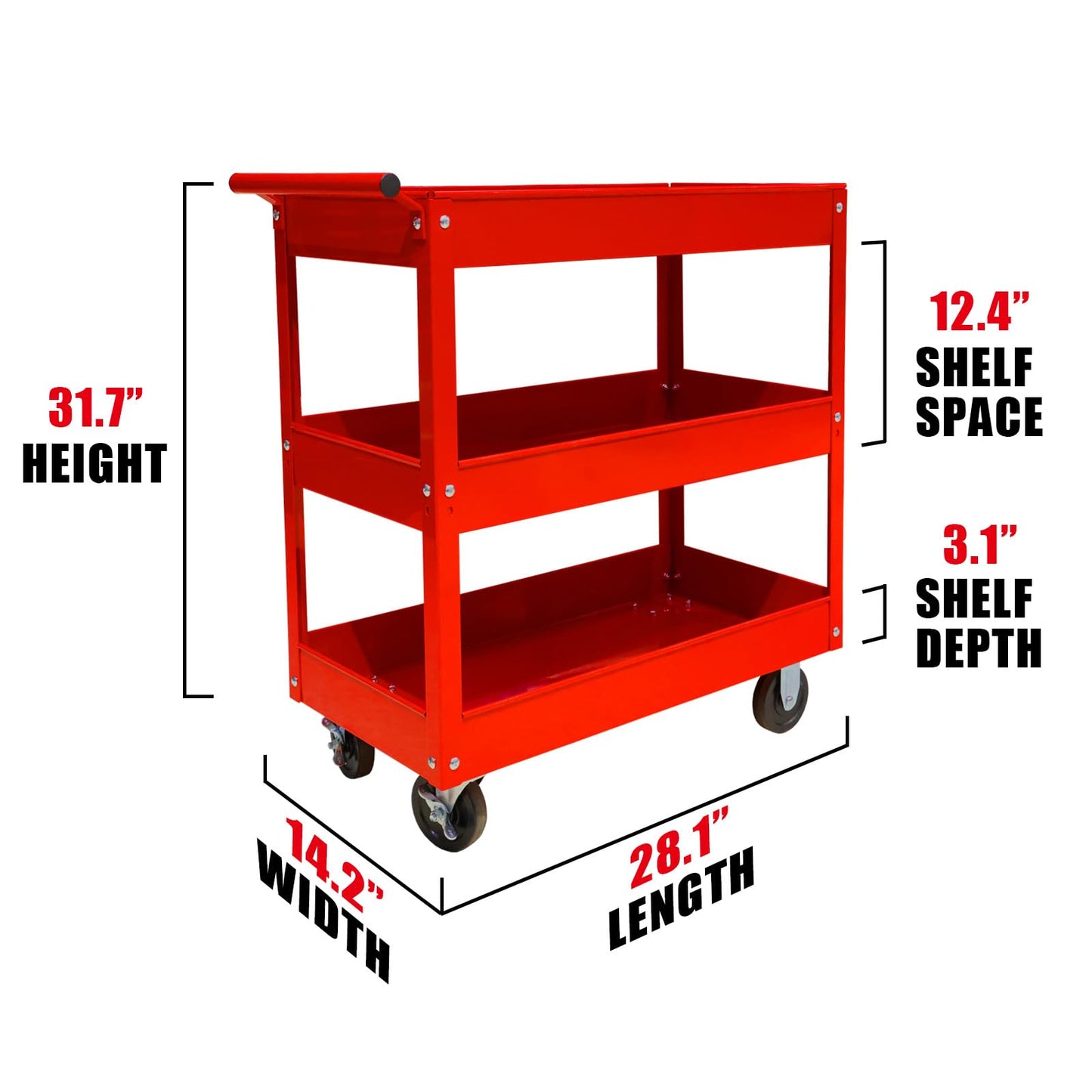 BIG RED Steel Rolling Service Tool Cart with 3 Tires , Heavy Duty Utility Cart on Wheels with Two Brake for Office，Kitchen，warehouse,400 lbs Capacity,Red