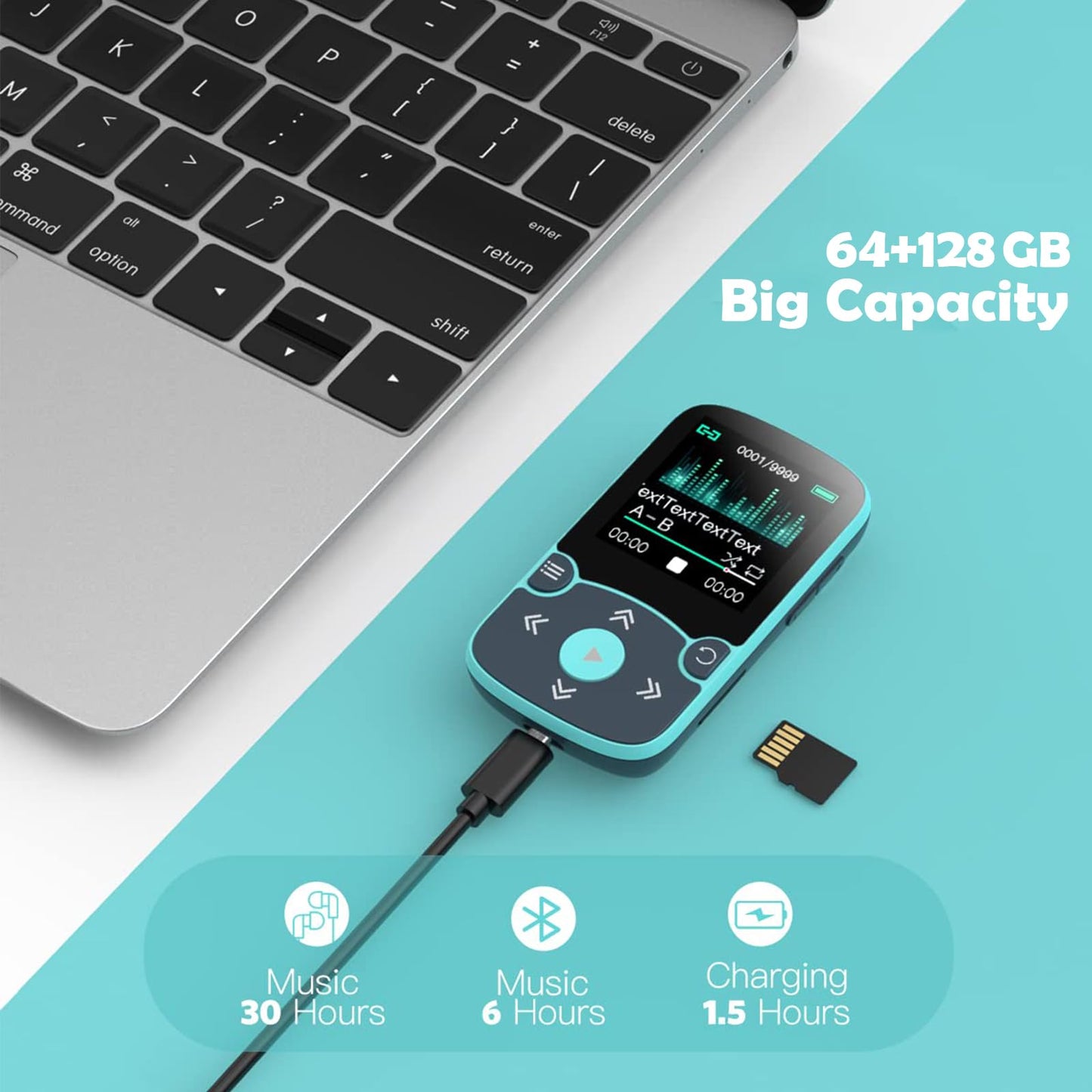 AGPTEK 64GB MP3 Player with Clip, A65 Bluetooth 5.3 Lossless Sound with FM Radio, Voice Recorder for Sport Running, Supports up to 128GB TF Card, Blue