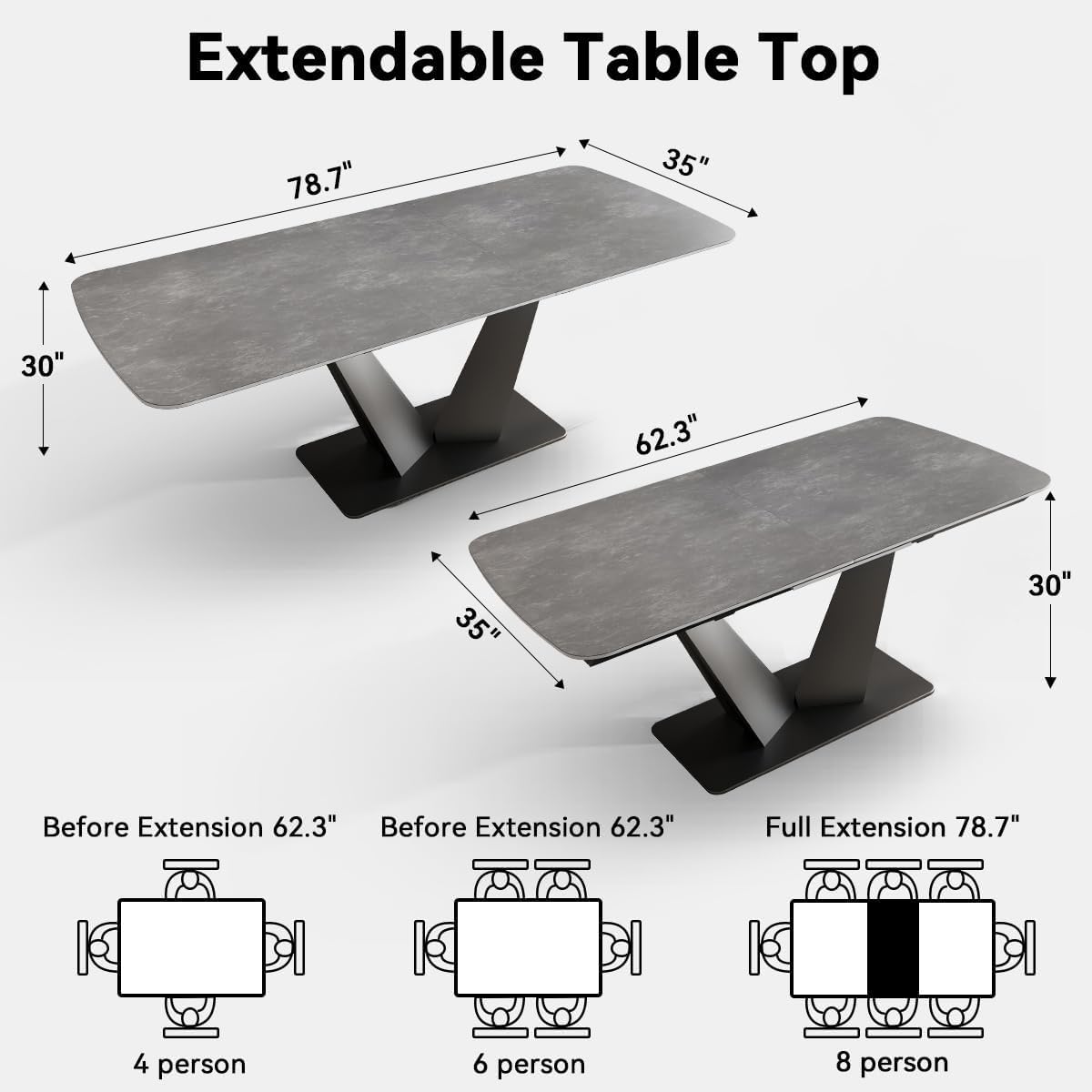LCBANDIANMA Extendable Dining Table for 4-8, Modern Rectangle Dining Table with Sintered Stone Top and V-Shape Carbon Steel Pedestal, 62.3 "to 78.7" for Dining Room（1TABLE