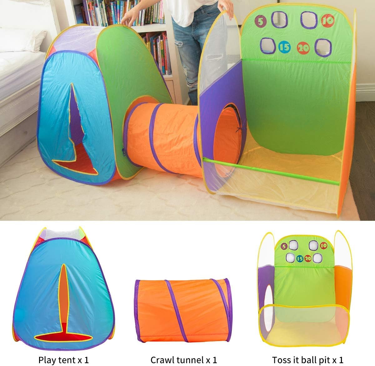 Alvantor® Kids Tent Play Tents & Tunnel 3-in-1 Pop Up Tent with Tunnel Toddler Ball Pit Indoor/Outdoor Tents Fun Toss It Game Zone Playhouse for Children (Include 4 Balls)
