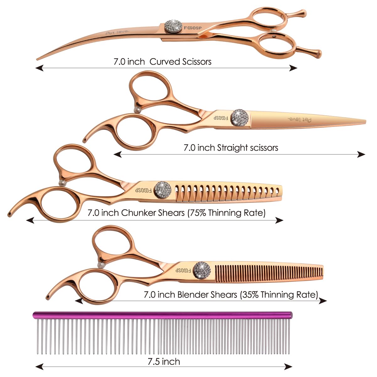 FOGOSP 7'' Dog Grooming Scissors Set Rose Gold Titanium 4PCS Curved Thinning Straight Chunkers Shears Kit with White Artificial Diamonds Ergonomic Offset Handle Japan 440C Sharp and Durable