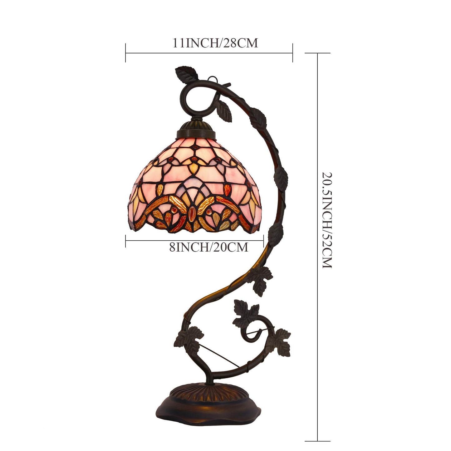 WERFACTORY Tiffany Table Lamp Pink Stained Glass Baroque Style Reading Desk Light, Metal Leaf Base 8X10X21 Inches Decor Small Space Bedside Bedroom Home Office S003P Series