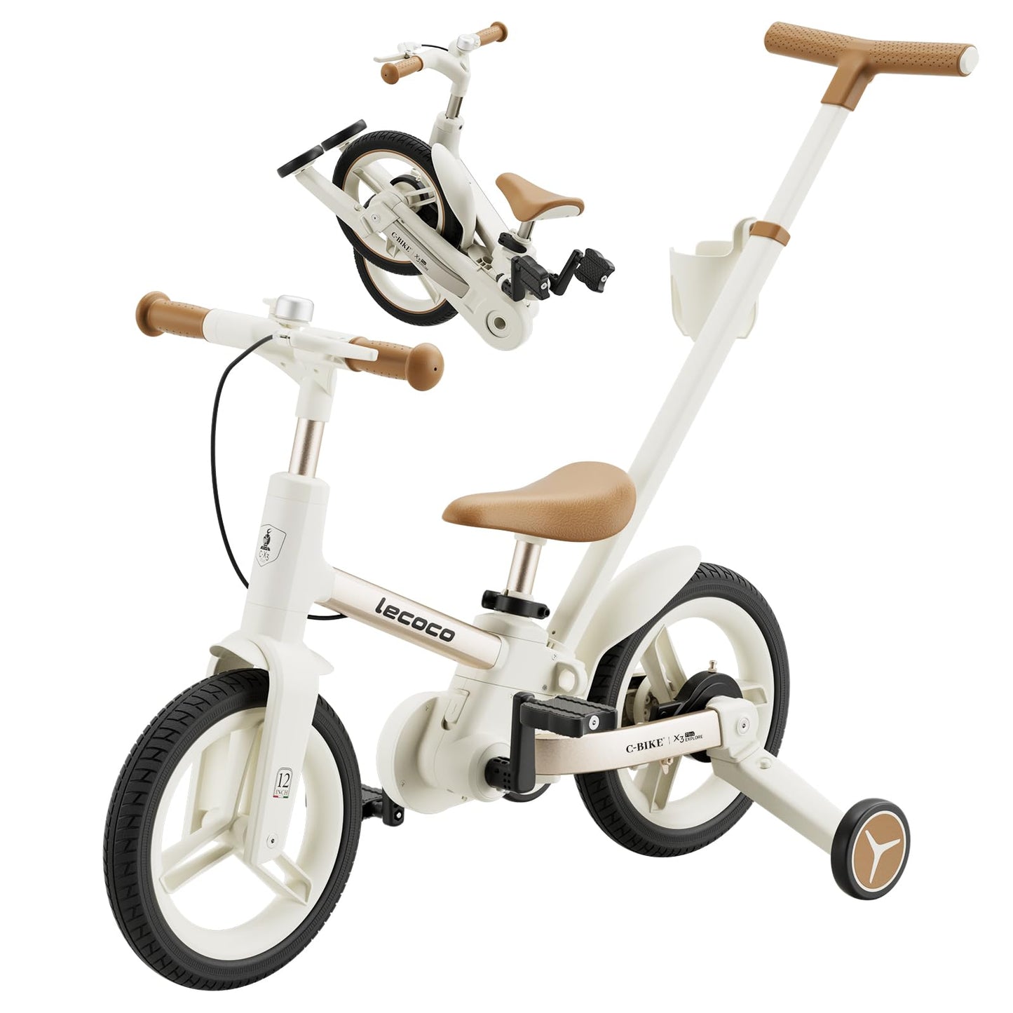 lecoco Upgraded Toddler Bike with Push Handle 6 in 1 for Kids, Balance Bicycle Toys with Training Wheels, Brackes, Cup Holder, Pedal, Kickstand Birthday Gift for Boys and Girls