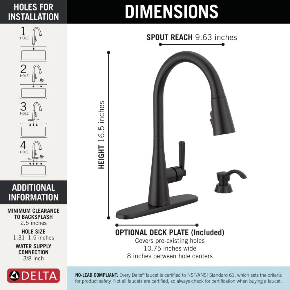 Delta Boyd Matte Black Kitchen Faucet with Pull Down Sprayer and Soap Dispenser, Modern Single Hole Kitchen Sink Faucet, Single Handle, Matte Black 19893Z-BLSD-DST