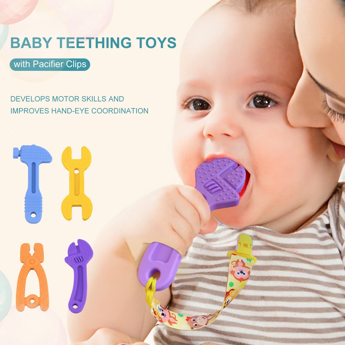 Teething Toys for Babies, Baby Teething Toys, Silicone Baby Teether Toys, Baby Chew Toys, Molar Teether, Hammer Wrench Spanner Pliers Shape Teething Toys for Boys Girls