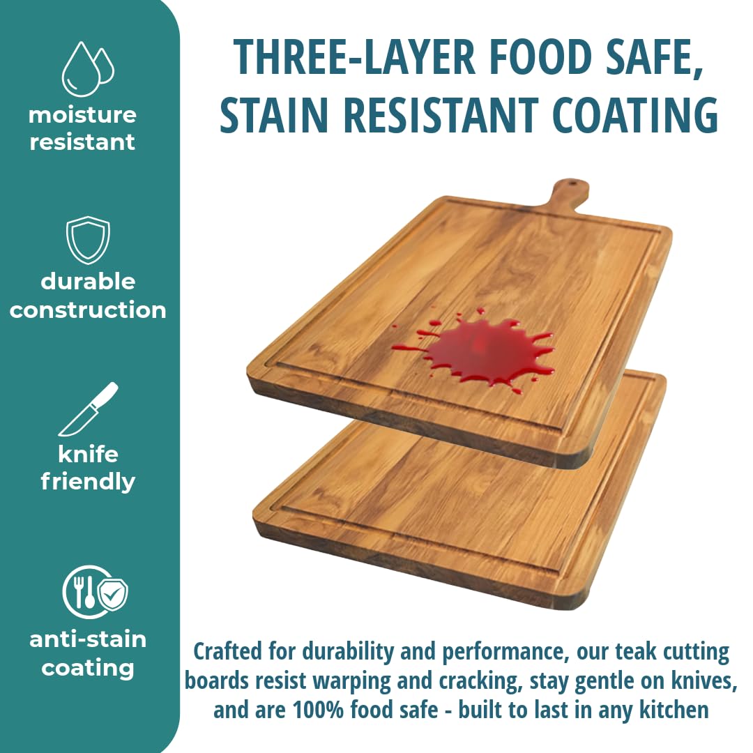 EcoDecors 3 Piece Teak Cutting Board Set with Handles, FSC Certified Edge Grain, Prep and Serving Boards for Kitchen