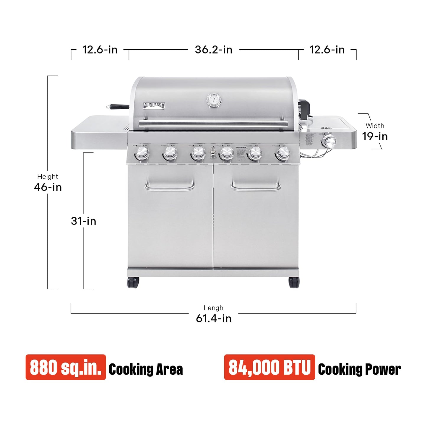 Monument Grills 77352 6+1 Burner Stainless Steel Cabinet Style Propane Gas Grill with Knob Controls, Side Burner, Built-In Thermometer, and Rotisserie Kit
