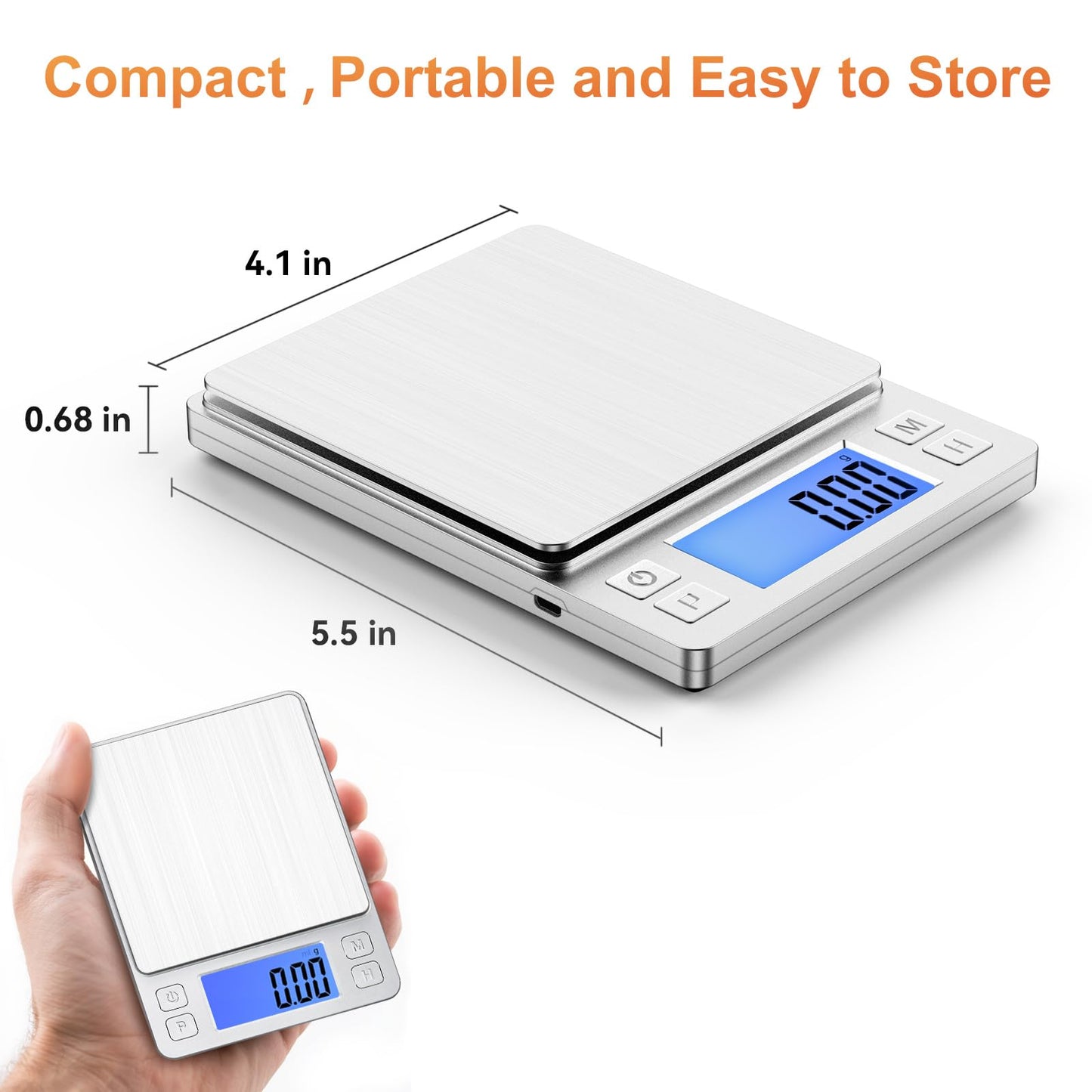 BOMATA 0.01g Small Digital Gram Scale, USB Rechargeable, Upgraded 1kg Jewelry Scale with Larger Display and Hold Function, High Precision, Grams and oz for Herb, Coin, Powder, Gold, Yeast, Kitchen