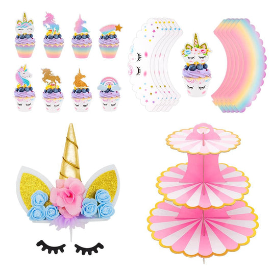 Unicorn Cake Decorations, Double-sided Unicorn Cupcake Wrappers & Toppers, 3-Tier Cake Stand, Unicorn Cake Topper for Unicorn Themed Parties, 68pcs