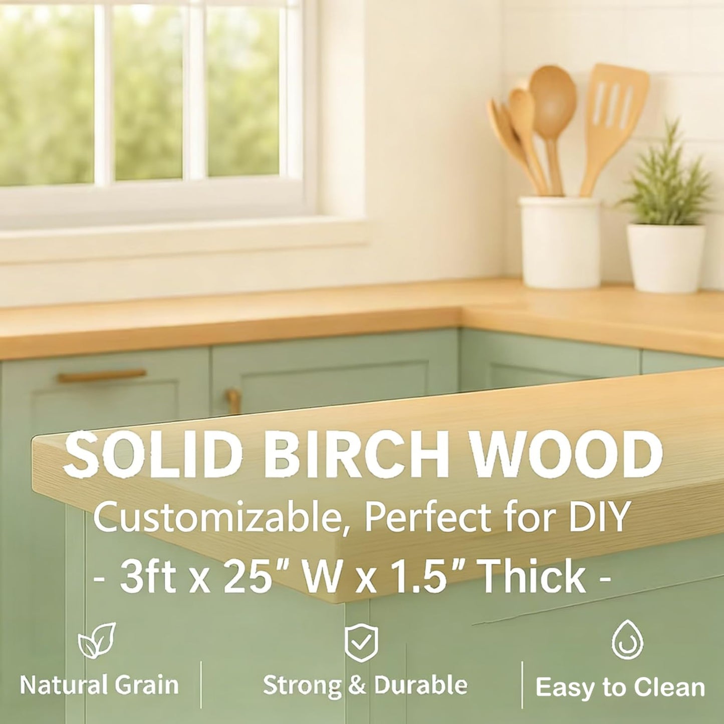 3ft Butcher Block Countertop– 36"x25" Solid Birch Wood DIY Countertop, Durable Counter Table Tops for Kitchen Island, Bar, Workshop, Laundry Counters Dining Room Tables 1.5" Thick Unfinished