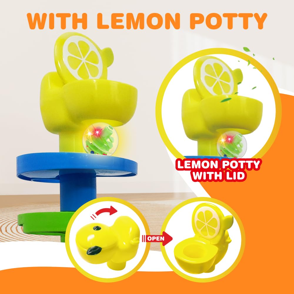 WEofferwhatYOUwant Potty Ball Drop Tower – Toddler STEM 22 Piece Toy with Lemon Toilet, 45 Hour LED Motion Activated Light-up Balls, Stackable Marble Run Ramps | Motor Skill Sensory Play. Ages 1–3
