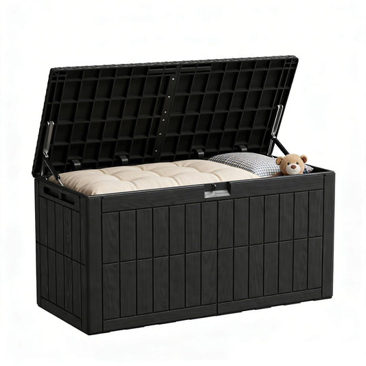 ZOMEYLPO 100 Gallon Outdoor Storage Box, Waterproof Lockable Resin Deck Box with Seat, Patio Furniture Cushion Storage, Garden Tool Organizer & Pool Toy Box, Black