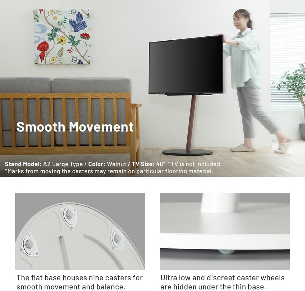WALL Seven Stand A2 Large | Rolling TV Stand for 45–80" w/ 37.4" Soundbar Shelf | Satin Black | Portable TV Stand with Shelf | Height Adjustable, Space Saving, for Living Room and Bedroom