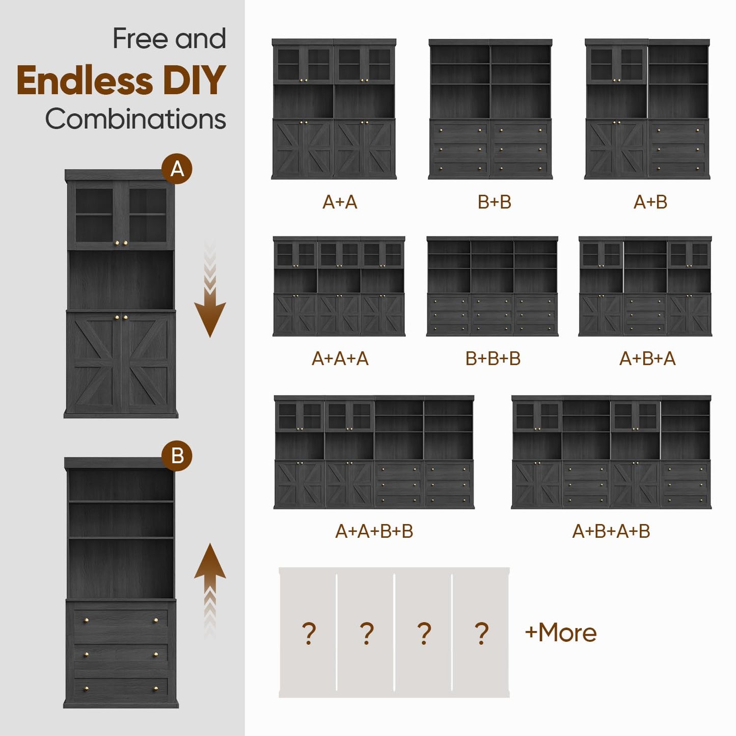 71" Black Farmhouse Kitchen Pantry Cabinet Set of 3— Freestanding Coffee Bar with Glass Doors or Drawers, Microwave Stand, Large Storage Hutch with Adjustable Shelves for Living Room and Kitchen