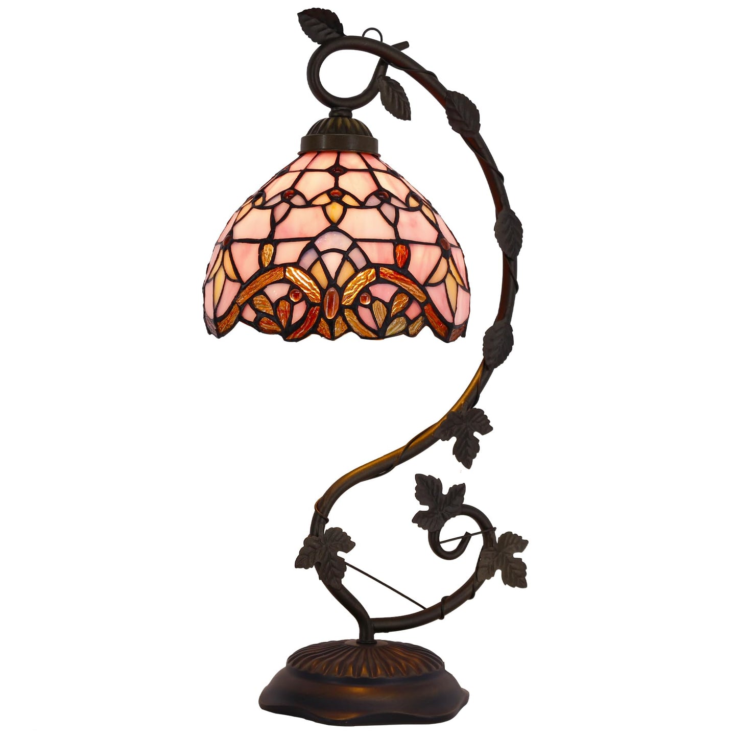 WERFACTORY Tiffany Table Lamp Pink Stained Glass Baroque Style Reading Desk Light, Metal Leaf Base 8X10X21 Inches Decor Small Space Bedside Bedroom Home Office S003P Series