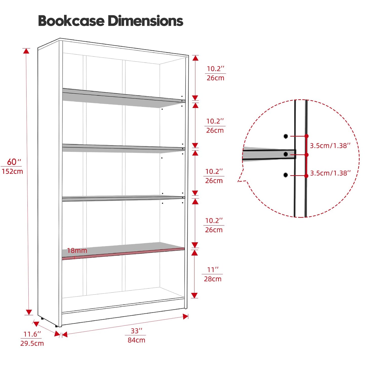 i-VTIES Bookcase Adjustable Storage Shelves,5-Tier Modern Wood Bookcase for Bedroom,60-Inch Bookshelf, Office, Living Room & Library(Black)