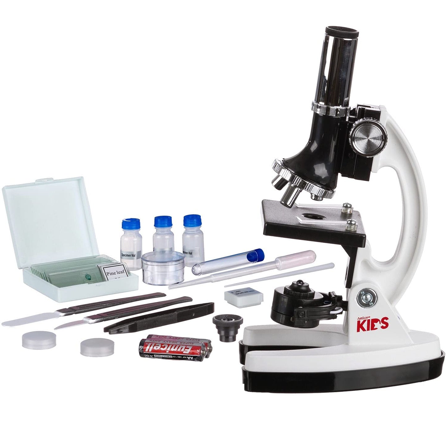 AmScope 120X-1200X 52-pcs Beginner Microscope STEM Kit with Metal Body Microscope, Plastic Slides, LED Light and Carrying Box (M30-ABS-KT2-W),White